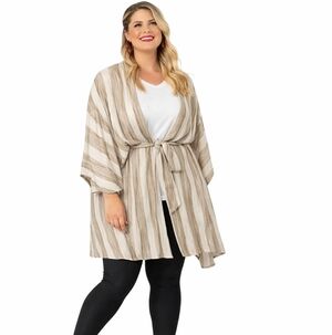 LuLaRoe Savannah Kaftan L/XL Taupe Stripe Belted Kimono Boho Duster Cardigan NEW